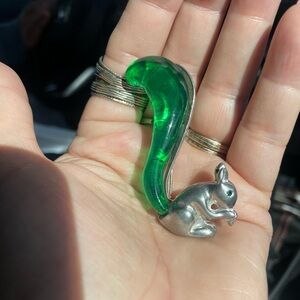 Green Jelly Belly lucite Paris P&M Silver Squirrel Brooch